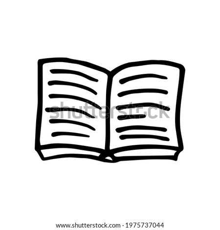 Open book in doodle style.Textbook vector illustration isolated on white background. Hand drawing simple logo for school or university library.