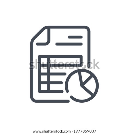 Financial document with pie chart line icon. Business report, statistics and analytics vector outline sign.