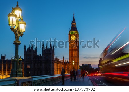 Big Ben and Westminster Palace with blue night sky