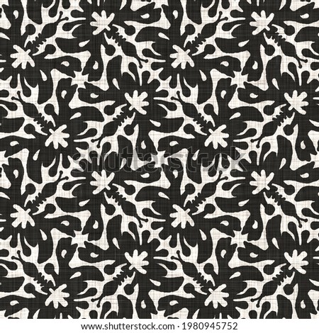 Seamless black white woven cloth floral linen texture. Two tone  monochrome pattern background.  Modern textile weave effect. Masculine flower motif repeat jpg print. 
