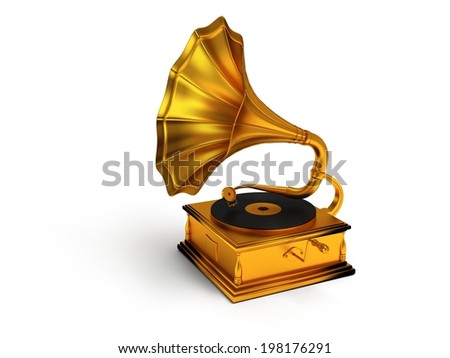 3d gold vintage gramophone isolated on white background. Retro music concept