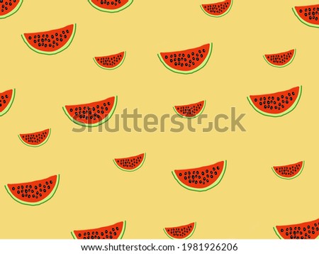 Wallpaper watermelons pattern with soft orange background. Illustration flat design.