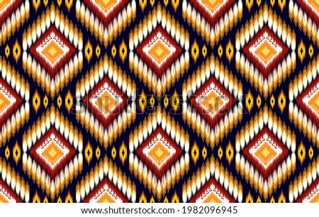 Ikat ethnic Indian seamless pattern design. Aztec fabric carpet mandala ornament native boho chevron textile decoration. Geometric embroidery patterns vector illustrations background.