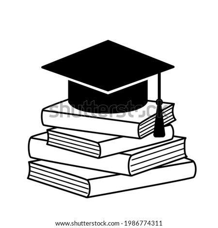 A stack of books and a graduate cap. Symbol of knowledge, wisdom, learning. Passing the exam for a bachelor's degree. Black and white illustration. Isolated on a white background. 