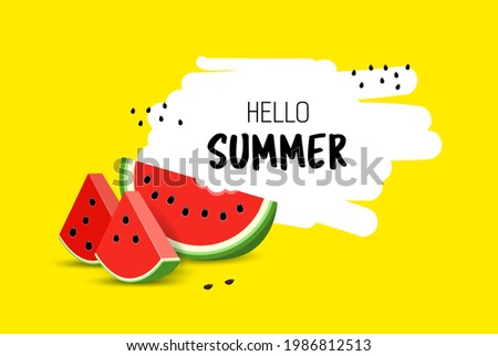 Summer banner with watermelon and text hello summer. Realistic watermelon slices with seeds on a yellow background. Vector illustration.