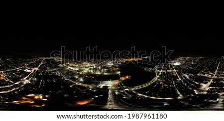 Novorossiysk, Russia. The central part of the city. Port in Novorossiysk Bay. Paorama 360. Aerial view at night