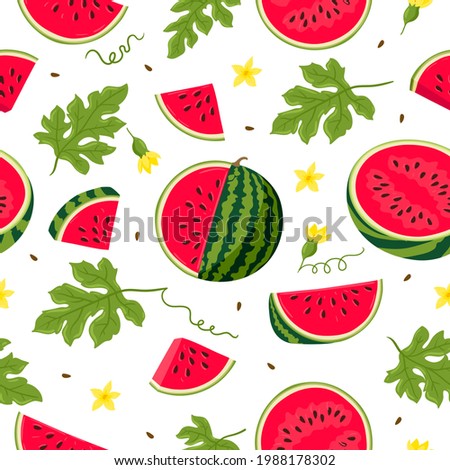 Watermelon vector Seamless pattern. Watermelon, whole, sliced, halves, slices, quarters, seeds, inflorescence and leaves for fabric, tablecloth, kitchen textiles, for clothing, wrapping paper