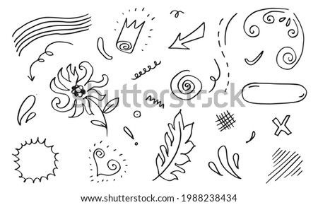 leaves, hearts, abstract, ribbons, arrows and other elements in hand drawn styles for concept designs. Doodle illustration. Vector template for decoration