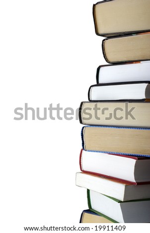 Vertical stack of different books isolated on white background. Clipping path.