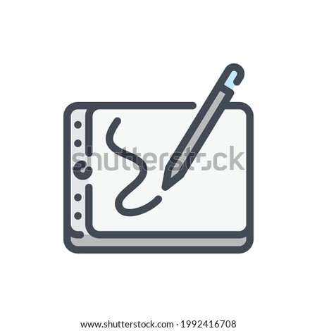 Drawing tablet with digital pencil color line icon. Designer graphic board vector outline colorful sign.