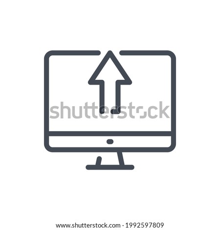 Upload from computer line icon. PC with arrow up vector outline sign.