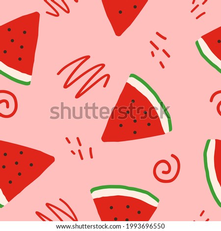 watermelon slices and doodles vector seamless pattern. hand drawn. illustration for wallpaper, wrapping paper, textile, background. red juicy summer fruit.