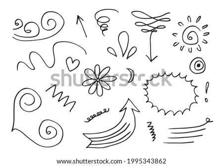 Hand drawn set elements, black on white background. Arrow, heart, love, leaf, light,circle,  flower, Swishes, swoops, emphasis ,swirl, heart, for concept design.
