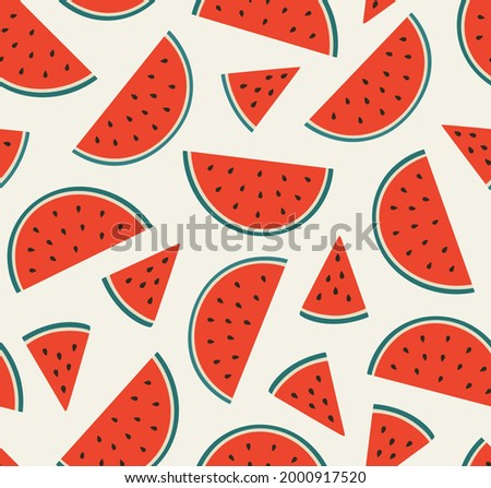 Seamless pattern of slices of watermelons, isolated on a beige background. Hand-drawn berry in flat style. Suitable for illustrating healthy eating, recipes, local farm, summertime.