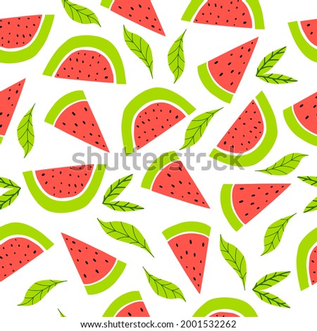 Seamless pattern with watermelon and leaves.Vector illustration with a pomegranate fruit for decorating dresses, clothes, fabrics, wallpapers. Flat doodle style. Hand-drawn. Sweet watermelon for cafe 