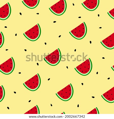 Watermelon slices seamless pattern. Hand drawn doodle fruit on yellow background. Bright summer background. 