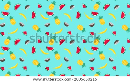 Fruit seamless pattern. Vector flat Illustrations of watermelon, banana, coconut, pineapple for web, print and textile