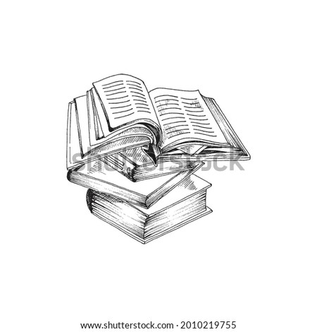 Books pile hand drawing in vintage sketch style vector illustration isolated on white background. Open hardcover book on a stack of education books. Black and white graphics