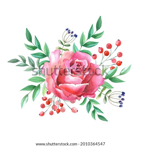 Watercolor pink rose with leaves and berry. Watercolour floral composition on a white background.Illustration of red flower. Design element for scrapbooking. Greeting card, wedding, birthday.