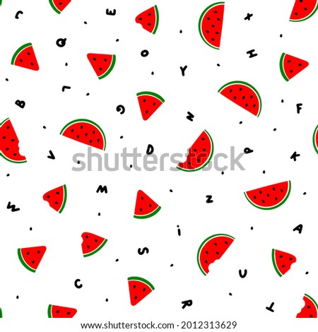 Watermelons seamless pattern.  Water melon slice vector background. Letters grammar for study child.