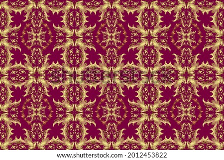 Golden pattern on neutral, yellow and purple colors with golden elements. Seamless classic golden pattern. Raster traditional orient ornament.