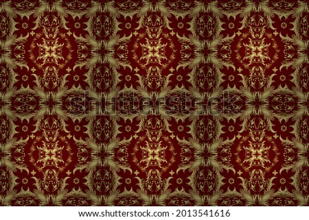 Classic oriental pattern over yellow, red and neutral colors. Traditional raster and golden pattern. Damask seamless ornament.