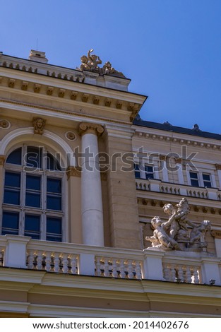 Facades and statues at the Odessa Opera and Ballet House in Odessa, Ukraine