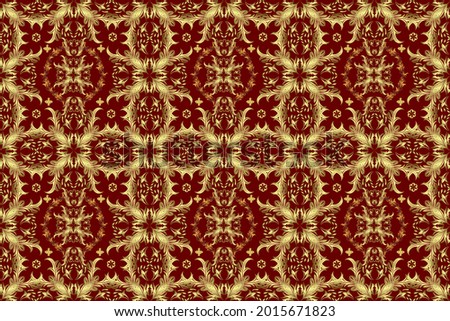 Seamless oriental ornament in the style of baroque. Traditional classic golden raster pattern on red, yellow and neutral colors with golden elements.