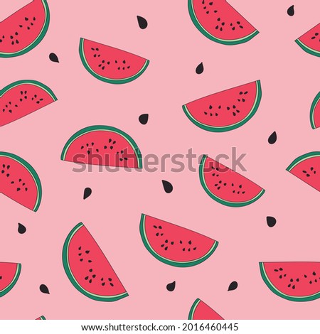 Seamless repeat pattern with tossed juicy red watermelon slices and black seeds on a pink background