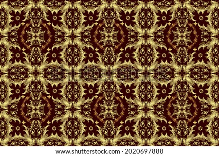 Seamless medieval floral royal pattern. Good for greeting card for birthday, invitation or banner. Raster illustration. Decorative symmetry arabesque. Gold on neutral, yellow and brown colors.