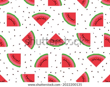 Watermelon slices seamless pattern in pixel art style. 8 bit icon watermelon with seeds. Trend design for printing, wrapping paper and advertising. Vector illustration