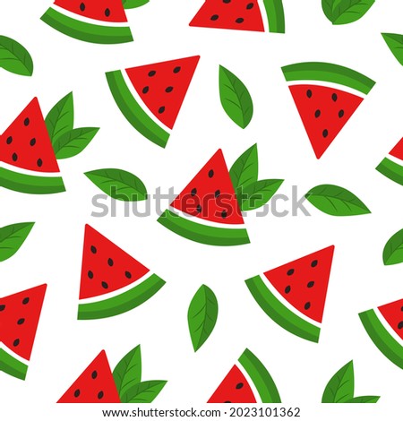 Seamless pattern with slices of watermelon and mint on a white background. Vector illustration