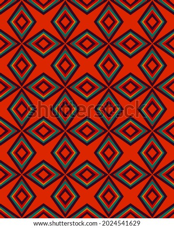 A vertical red background with patterned shapes
