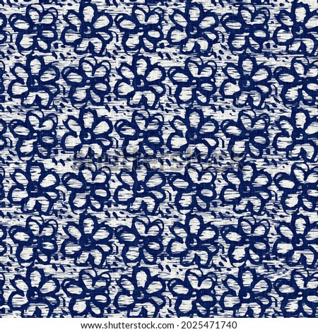  Indigo dyed fabric flower pattern texture. Seamless textile fashion cloth dye resist all over print. Japanese kimono block print. High resolution batik effect repeatable swatch. 