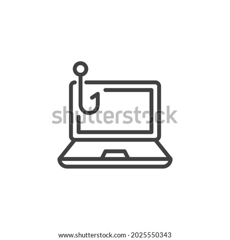 Hacking computer line icon. linear style sign for mobile concept and web design. Laptop phishing hook outline vector icon. Symbol, logo illustration. Vector graphics