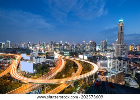 Bangkok Express way with Baiyok Tower II at Twilight 
