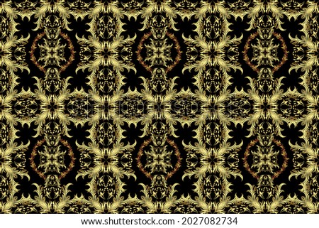 Raster seamless pattern with gold antique floral medieval decorative, leaves and golden pattern ornaments on yellow, neutral and black colors. Seamless royal luxury golden baroque damask vintage.
