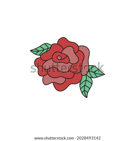 Rose flower vector illustration. Hand drawn retro, classic, vintage rose flower with leaves. Isolated.