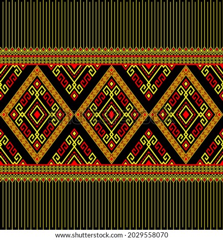 Yellow Red Ethnic or Native Seamless Pattern on Black Background in Symmetry Rhombus Geometric Bohemian Style for Clothing or Apparel,Embroidery,Fabric,Package Design