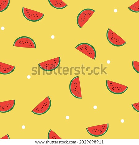 Seamless repeat pattern with tossed juicy red watermelon slices and white dots on a yellow background