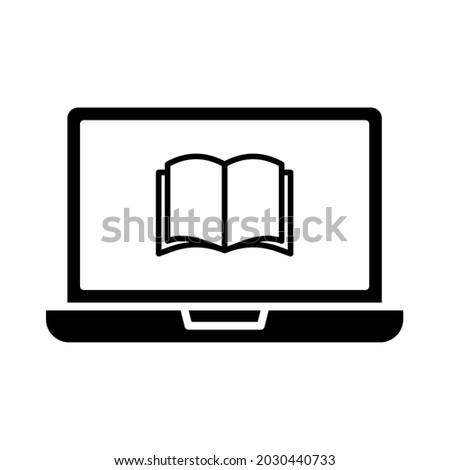 E-Learning. Laptop and open book, symbol of online learning. Study from home. Isolated on a blank, editable and changeable background.