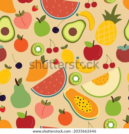 Seamless pattern with cute cartoon fruits for fabric print, textile, gift wrapping paper. colorful vector for textile, flat style