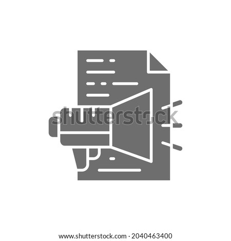 Advertisement text, announcement, document with loudspeaker grey icon.