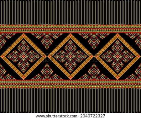 Yellow Red Native or Tribe Seamless Pattern on Black Background in Symmetry Rhombus Geometric Bohemian Style for Clothing or Apparel,Embroidery,Fabric,Package Design