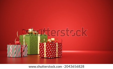 Christmas background with gold platform, toys. New Year greeting card, poster, banner with red gift boxes, presents - 3D, render. Showcase, podium, pedestal for products, shop windows and magazines. 