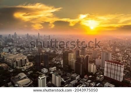 Aerial view of Bangkok in a summer evening at sunset