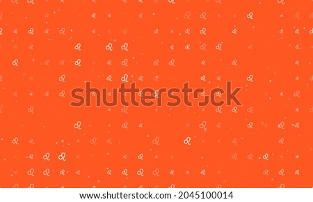Seamless background pattern of evenly spaced white zodiac leo symbols of different sizes and opacity. Vector illustration on deep orange background with stars