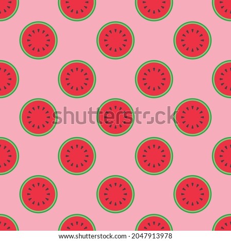 Cute Watermelon Slice Seamless Pattern. Watermelon seeds. Fruity Background Vector Illustration Icon Symbol Clip Arts. Colorful Wallpaper. Cartoon Flat Design Simple. Tropical Summer Fruit.