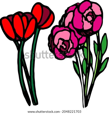 Vector hand drawn colored doodles birthday, vector flowers, tulips, peonies, flourish clip art,