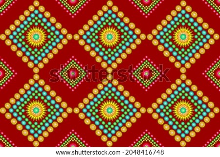 Ethnic floral fabric pattern composed into a seamless diamond shape, for curtain design, print, retro tile pattern, carpet, wallpaper, wrap, batik, red background fabric pattern.